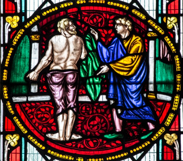 Detail from a stained glass window in the medieval church of St Mary de Castro in Leicester. [Photo & description by Fr. Lawrence Lew, O.P.]
